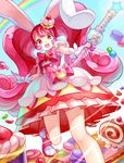  animal_ears bow bunny_ears cake cake_hair_ornament candy caperata_(towahuyu) cropped_legs cure_whip doughnut dress food food_themed_hair_ornament gloves hair_ornament highres holding holding_wand kirakira_precure_a_la_mode layered_dress long_hair looking_at_viewer macaron magical_girl pink_bow pink_footwear pink_hair precure puffy_sleeves rainbow red_eyes shoes smile solo standing standing_on_one_leg swiss_roll twintails usami_ichika wand white_gloves 