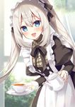  :d apron bangs black_neckwear blue_eyes blush bow bowtie commentary_request cowboy_shot cup curtains day dress eyebrows_visible_through_hair fate/grand_order fate_(series) grey_hair holding holding_cup indoors juliet_sleeves leaning_forward long_hair long_sleeves looking_at_viewer maid maid_headdress marie_antoinette_(fate/grand_order) open_mouth plaid puffy_sleeves smile solo sumisaki_yuzuna tea teacup teapot twintails white_apron window 