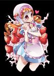  apron black_background blue_dress bow bowtie closed_mouth cowboy_shot dress food fruit hat hat_bow heart heart-shaped_pupils holding holding_knife kirakira_patisserie_uniform kirakira_precure_a_la_mode knife ninomae pink_bow precure red_eyes simple_background smile solo strawberry symbol-shaped_pupils usami_ichika white_apron white_hat yandere 