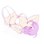  :o bed_sheet bikini breasts chan_co collarbone commentary_request fate/grand_order fate_(series) front-tie_bikini front-tie_top glasses hair_over_one_eye legs_together lying mash_kyrielight medium_breasts navel on_back parted_lips purple_eyes purple_hair short_hair side-tie_bikini simple_background solo swimsuit thighhighs thighs upside-down white_background white_bikini white_legwear 