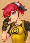  aiba_ami backpack bag blue_eyes breasts digimon digimon_story:_cyber_sleuth getter_ichi gloves goggles goggles_on_head leaning_to_the_side looking_at_viewer medium_breasts print_shirt raglan_sleeves red_hair shirt side_ponytail skin_tight smile solo t-shirt upper_body yellow_shirt 