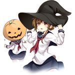  :d anchor_symbol black_hat blue_sailor_collar blue_skirt blush brown_eyes brown_hair commentary cowboy_shot crossed_arms halloween hands_on_headwear hands_up hat ikazuchi_(kantai_collection) inazuma_(kantai_collection) jack-o'-lantern kantai_collection long_sleeves looking_away moeki_yuuta multiple_girls neckerchief open_mouth pumpkin_hat red_neckwear sailor_collar school_uniform serafuku shirt simple_background skirt smile white_background white_shirt witch_hat 