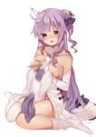  armpit_peek azur_lane bangs bare_shoulders between_breasts between_legs black_bow black_ribbon blush bow breasts collarbone detached_sleeves dress hair_bun hair_ornament hair_ribbon hands_up head_tilt highres karinto_yamada large_breasts long_hair long_sleeves looking_at_viewer motion_blur no_shoes one_side_up parted_lips purple_eyes purple_hair ribbon side_bun simple_background smile solo strapless strapless_dress stuffed_alicorn stuffed_animal stuffed_toy thighhighs thighhighs_pull unicorn_(azur_lane) very_long_hair white_background white_dress white_legwear 