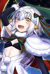  :d bell black_bra black_gloves bra capelet commentary_request elbow_gloves fate/grand_order fate_(series) flat_chest gloves headpiece highres holding jeanne_d'arc_(fate)_(all) jeanne_d'arc_alter_santa_lily long_hair looking_at_viewer nora_wanko open_mouth polearm silver_hair smile solo underwear weapon yellow_eyes 