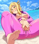  1girl barefoot beach blonde_hair blush braid breasts censored cloud collarbone eyebrows_visible_through_hair feet green_eyes hair_rings leaning_back long_sleeves love_live! love_live!_sunshine!! medium_breasts nipples nose_blush ohara_mari oribi peeing pubic_hair pussy sitting sky soles solo spread_legs spread_pussy toes unzipped water wetsuit zipper 