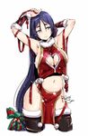  alternate_costume armpits arms_up bell black_legwear blue_eyes blue_hair breasts cleavage cleavage_cutout closed_mouth commentary_request fate/grand_order fate_(series) full_body hair_bell hair_ornament heart_cutout kneehighs large_breasts long_hair looking_away low-tied_long_hair minamoto_no_raikou_(fate/grand_order) navel pelvic_curtain relaxjon sideboob smile solo stomach thighhighs very_long_hair 