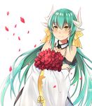  bare_shoulders bow dragon_horns eyebrows_visible_through_hair fate/grand_order fate_(series) flower hair_bow holding holding_flower horns japanese_clothes kimono kiyohime_(fate/grand_order) kiyohime_(swimsuit_lancer)_(fate) long_hair mizoredama off_shoulder simple_background smile solo twintails upper_body white_background wide_sleeves yellow_bow yellow_eyes 