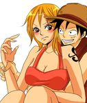  1boy 1girl black_eyes black_hair blush couple female hat hug male monkey_d_luffy nami_(one_piece) one_piece orange_hair pirate short_hair smile straw_hat_pirates tattoo together 