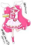  :d animal_ears arm_up bow bunny_ears bunny_tail cake cake_hair_ornament choker cure_whip dress food food_themed_hair_ornament full_body gloves hair_ornament holding holding_food kirakira_precure_a_la_mode looking_at_viewer magical_girl natsumin open_mouth pink_bow pink_footwear pink_neckwear precure red_eyes shiny shiny_hair shoes simple_background smile solo standing standing_on_one_leg tail translation_request usami_ichika white_background white_dress white_gloves 