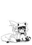  animal_ears bow bowtie commentary_request common_raccoon_(kemono_friends) fennec_(kemono_friends) fox_ears fox_tail fur_collar greyscale highres ino_(tellu0120) kemono_friends leaning_on_person monochrome multiple_girls raccoon_ears raccoon_tail short_hair simple_background sketch sleeping tail white_background 