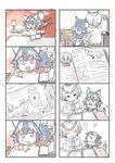  animal_ears book comic crayon drawing grey_wolf_(kemono_friends) heterochromia highres kemono_friends multiple_girls murakami_kou_(raye) northern_white-faced_owl_(kemono_friends) silent_comic tail wolf wolf_ears wolf_tail younger 