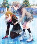  arm_support black_legwear blue_eyes blue_nails brown_hair day eyebrows_visible_through_hair full_body gloves grey_hair grey_skirt grey_sweater hair_ornament hand_in_hair hand_on_hip highres ice_skates kneeling kunikida_hanamaru leaning_forward long_hair love_live! love_live!_school_idol_festival love_live!_sunshine!! miniskirt multiple_girls nail_polish outdoors pantyhose pleated_skirt scarf school_uniform serafuku skates skirt snowflakes snowing standing sudach_koppe sweater uranohoshi_school_uniform watanabe_you 