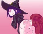  &gt;_&lt; anilingus ass bent_over blue_hair blush brown_hair closed_eyes clothed_sex dress glasses hat heavy_breathing highres kagari_atsuko little_witch_academia long_hair long_sleeves looking_back multiple_girls open_mouth orange_peel_(artist) panties panty_pull pussy saliva smile sweatdrop teacher_and_student uncensored underwear ursula_charistes wavy_mouth witch_hat yuri 