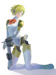  aegis_(persona) android blonde_hair blue_eyes breasts commentary_request diolemonde headphones highres kneeling looking_to_the_side medium_breasts persona persona_3 robot_joints short_hair solo 