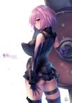  armor ass bangs bare_shoulders breasts character_name elbow_gloves eyebrows_visible_through_hair fate/grand_order fate_(series) faulds fukai_ryousuke gloves holding leotard looking_at_viewer looking_back mash_kyrielight medium_breasts pink_hair purple_eyes shield short_hair signature simple_background sleeveless smile solo thigh_strap thighhighs white_background 