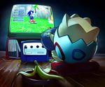  banana_peel chao_(sonic) controller crossover crt game_console game_controller gamecube gamecube_controller gamepad gen_2_pokemon no_humans playing_games pokemon pokemon_(creature) screen_light sonic sonic_adventure_2 sonic_the_hedgehog television togepi video_game 