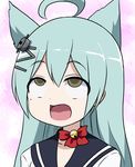 :d ahegao ahoge akashi_(azur_lane) azur_lane bell bell_choker bow brown_eyes choker commentary_request green_hair hair_flaps jingle_bell long_hair looking_up masara masara_ahegao open_mouth red_bow ribbon_choker smile solo 