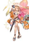  bag bangs bare_shoulders blonde_hair blue_bikini_top blush bow bowtie breasts brown_eyes cleavage collarbone djeeta_(granblue_fantasy) eyebrows_visible_through_hair flower full_body granblue_fantasy hair_ornament hairband halterneck hibiscus holding innertube layered_skirt layered_swimsuit looking_at_viewer medium_breasts minaba_hideo navel official_art one_eye_closed open_toe_shoes platform_footwear sandals sheath sheathed smile solo sparkle standing sunlight swimsuit sword thigh_strap transparent_background weapon wrist_cuffs 