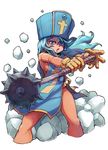  blue_eyes blue_hair bodysuit breasts commentary_request cross dragon_quest dragon_quest_iii gloves hat highres latex long_hair mace mitre orange_bodysuit priest_(dq3) sideboob skin_tight small_breasts solo tabard toyaken21 weapon yellow_gloves 