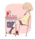  bag black_legwear blonde_hair book cellphone chair chair_tipping commentary desk futaba_anzu idolmaster idolmaster_cinderella_girls long_hair pencil_case phone pleated_skirt school_bag school_desk school_uniform sitting skirt smartphone socks solo sweater uso_(ameuzaki) 