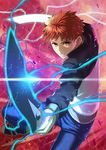  absurdres blue_pants brown_eyes dual_wielding emiya_shirou fate/stay_night fate_(series) highres hinomoto_madoka holding holding_sword holding_weapon looking_at_viewer male_focus orange_hair pants solo spiked_hair sword weapon 