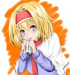  absurdres alice_margatroid bad_id bad_pixiv_id blonde_hair blue_eyes blush capelet closed_mouth cup eyebrows_visible_through_hair frilled_hairband frills hair_between_eyes hairband highres holding holding_cup imo_(evekelu-111) leaning_forward long_sleeves looking_at_viewer orange_background solo steam tongue tongue_out touhou upper_body white_capelet 