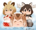  :3 :d ahoge animal_ears antlers black_hair black_legwear breast_pocket brown_eyes brown_hair capriccyo capybara_(kemono_friends) capybara_ears commentary_request highres kemono_friends lion_(kemono_friends) lion_ears long_hair looking_at_viewer moose_(kemono_friends) moose_ears multiple_girls necktie onsen open_mouth plaid plaid_skirt pleated_skirt pocket short_hair skirt smile steam twitter_username v-shaped_eyebrows 