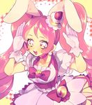 :d animal_ears bow bunny_ears bunny_pose cake_hair_ornament choker cowboy_shot cure_whip dress extra_ears food_themed_hair_ornament gloves hair_ornament highres kirakira_precure_a_la_mode long_hair looking_at_viewer magical_girl mayana_(bbpp) open_mouth pink_bow pink_eyes pink_hair pink_neckwear precure puffy_sleeves smile solo twintails usami_ichika white_dress white_gloves 