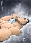  1boy bara bed cum cum_on_body facial_hair lying male_focus pecs pillow solo steam sweat tagme takaku_nozomu 