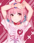  1girl arms_up blue_hair blush bracelet collar earrings idolmaster idolmaster_cinderella_girls inn0 jewelry looking_at_viewer multicolored_hair pink_background pink_eyes pink_hair red_collar shirt short_hair skeleton_print solo t-shirt two-tone_hair upper_body wristband yumemi_riamu 