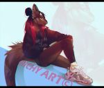  2019 ankle_socks athletic bare_legs bare_thighs big_ears big_tail brown_fur chromatic_aberration clothing copyright facial_piercing felid feline female fluffy fluffy_tail full_body fur hair hair_bun long_ears long_hair long_tail looking_ahead lynx mammal nose_piercing nose_ring one_knee_up piercing qrichy red_hair richy_(qrichy) septum_piercing shiny_hair simple_background sitting slim sneakers snout solo straight_hair sweater white_background white_sneakers 