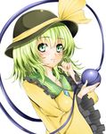  absurdres bad_id bad_pixiv_id black_hat blush closed_mouth eyebrows_visible_through_hair frilled_sleeves frills green_eyes green_hair hair_between_eyes hat highres holding imo_(evekelu-111) komeiji_koishi light_smile long_sleeves looking_at_viewer shirt solo third_eye touhou white_background wide_sleeves yellow_shirt 