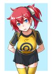  aiba_ami arms_behind_back backpack bag black_skirt blue_background blue_eyes blush breasts digimon digimon_story:_cyber_sleuth getter_ichi goggles goggles_on_head head_tilt leaning_forward looking_at_viewer medium_breasts open_mouth pleated_skirt print_shirt raglan_sleeves red_hair shirt side_ponytail skirt solo t-shirt thighhighs yellow_legwear yellow_shirt zettai_ryouiki 