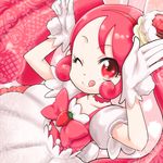  ;q animal_ears bow bunny_ears bunny_pose cake_hair_ornament choker cure_whip dress food_themed_hair_ornament gloves hair_ornament kirakira_precure_a_la_mode long_hair looking_at_viewer magical_girl one_eye_closed pink_bow pink_hair pink_neckwear precure puffy_sleeves red_eyes smile solo suzushiro_seri tongue tongue_out twintails upper_body usami_ichika white_dress white_gloves 