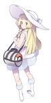  1girl bag blonde_hair braid collagen dress duffel_bag green_eyes hand_on_headwear hat lillie_(pokemon) long_hair panties pokemon pokemon_(game) pokemon_sm see-through simple_background sleeveless sleeveless_dress smile solo sun_hat twin_braids underwear white_background white_dress white_hat white_panties 