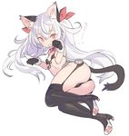  animal_ears ass azur_lane black_bikini_top black_gloves black_legwear blade_(galaxist) boots bow breasts bright_pupils cat_ears cat_tail commentary_request fang front-tie_bikini front-tie_top full_body garter_straps gloves hair_between_eyes high_heel_boots high_heels kemonomimi_mode long_hair looking_at_viewer lying on_side open_mouth orange_eyes paw_pose paw_print pointy_ears silver_hair simple_background small_breasts smile solo tail thigh_boots thighhighs twintails vampire_(azur_lane) very_long_hair white_background 