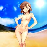  ass_visible_through_thighs beach blue_sky breasts brown_eyes brown_hair cloud day hair_ornament hairclip hand_on_hip looking_at_viewer misaka_mikoto navel nike_(0306) nipples nude outdoors pussy short_hair sky small_breasts smile solo standing sun to_aru_kagaku_no_railgun to_aru_majutsu_no_index uncensored water 