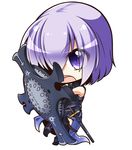  :o chibi commentary_request fate/grand_order fate_(series) looking_at_viewer mash_kyrielight open_mouth purple_eyes purple_hair shachoo. shield short_hair simple_background solo sword v-shaped_eyebrows weapon white_background 