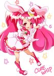  absurdres bow bunny_tail cake_hair_ornament character_name choker cure_whip dress extra_ears food_themed_hair_ornament full_body gloves hair_ornament hairband highres kirakira_precure_a_la_mode long_hair magical_girl pink_bow pink_footwear pink_hair pink_hairband pink_neckwear precure red_eyes shoes simple_background smile solo soraryu_saworu star tail twintails usami_ichika v white_background white_dress white_gloves 
