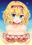  alice_margatroid areolae blonde_hair blue_background blue_eyes blush breasts cat's_cradle collarbone eyebrows_visible_through_hair gradient gradient_background hair_between_eyes hairband highres large_breasts looking_at_viewer maturiuta_sorato nude parted_lips red_hairband rope solo touhou upper_body yellow_background 