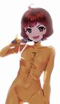  1girl :d ahoge bodystocking bodysuit brown_eyes brown_hair cowboy_shot idolmaster idolmaster_cinderella_girls katsuoboshi looking_at_viewer microphone open_mouth pinky_out short_hair smile solo ueda_suzuho v-shaped_eyebrows yellow_bodysuit 