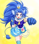  :o animal_ears bangs blue_bow blue_eyes blue_gloves blue_hair blue_legwear blue_neckwear blue_shirt blue_skirt bow choker clenched_hand cowboy_shot crown cure_gelato earrings gloves jewelry kirakira_precure_a_la_mode layered_skirt lion_ears lion_tail long_hair magical_girl mini_crown open_mouth parted_bangs precure serious shirt simple_background single_thighhigh skirt solo tachibana_momoya tail tategami_aoi thighhighs white_skirt yellow_background 