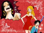  1boy 1girl black_eyes black_hair blush couple female hat long_hair male monkey_d_luffy nami_(one_piece) one_piece orange_hair pirate short_hair smile straw_hat_pirates tattoo together 