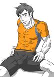  1boy abs blush crotch male_focus muscle pecs sitting smile solo wii_fit_trainer yunisuke 