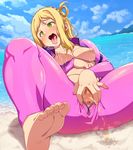  1girl barefoot beach blonde_hair blush braid breasts censored cloud collarbone eyebrows_visible_through_hair feet green_eyes hair_rings lactation leaning_back long_sleeves love_live! love_live!_sunshine!! medium_breasts nipples nose_blush ohara_mari open_mouth oribi peeing pubic_hair pussy saliva sitting sky soles solo spread_legs spread_pussy toes tongue unzipped water wetsuit zipper 