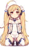  ahoge azur_lane bangs bare_shoulders blank_stare blonde_hair blunt_bangs breasts cleavage_cutout covered_navel detached_sleeves eldridge_(azur_lane) expressionless facial_mark full_body hair_ornament hairpin highres jitome kneeling long_hair looking_at_viewer parted_lips red_eyes shoes simple_background small_breasts solo thighhighs tied_hair twintails two_side_up very_long_hair wagashi928 white_background white_legwear 