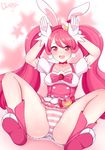  :d absurdres animal_ears bow bunny_ears bunny_pose cake_hair_ornament choker collarbone cure_whip food_themed_hair_ornament full_body gloves hair_ornament hairband highres kirakira_precure_a_la_mode long_hair looking_at_viewer magical_girl open_mouth panties pink_bow pink_eyes pink_footwear pink_hair pink_neckwear precure red_hairband shoes signature sitting skirt smile solo spread_legs star starry_background striped striped_panties tras030303 twintails underwear usami_ichika white_gloves 