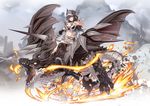  :d bare_shoulders black_hair breasts brown_eyes cleavage dragon fire helmet holding holding_weapon lance long_hair looking_at_viewer medium_breasts midriff mountain navel nyoro_(nyoronyoro000) open_mouth original polearm riding sharp_teeth shorts smile solo teeth weapon 