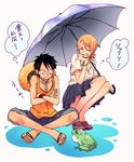  1boy 1girl black_eyes black_hair blush couple female hat male monkey_d_luffy nami_(one_piece) one_piece orange_hair pirate short_hair smile straw_hat_pirates tattoo together 