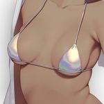  altera_(fate) bikini_top breasts breasts_apart close-up collarbone dark_skin fate/grand_order fate_(series) medium_breasts quuni rainbow_gradient shiny shiny_clothes silver_bikini skindentation solo standing strap_gap string_bikini towel underboob 